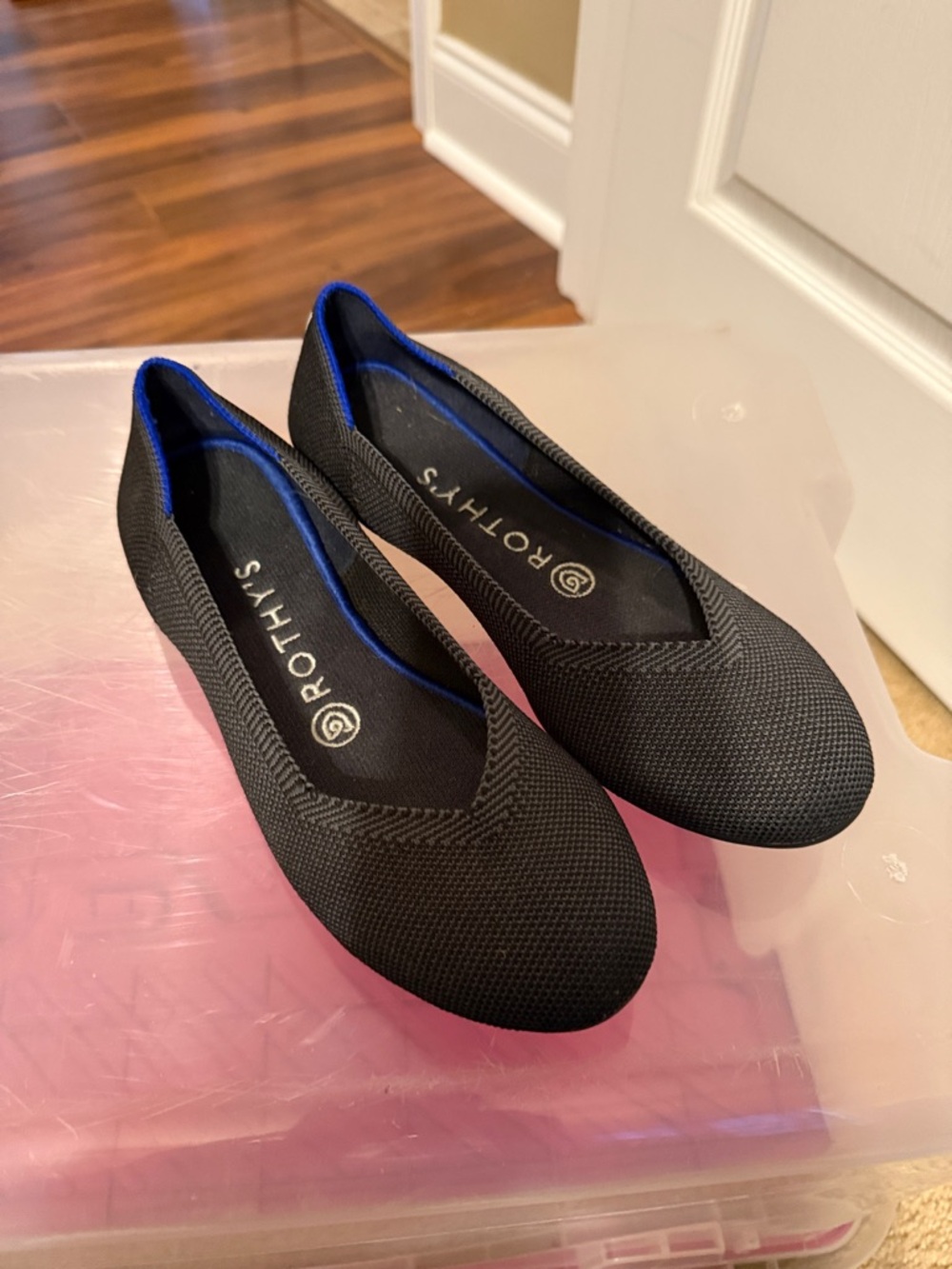 Rothy's Black Knit Ballet Flats with Blue Trim